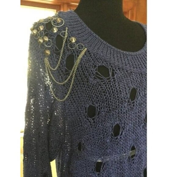 Roberto Cavalli VTG Sweater Designer Open Knit Embellished Sweater Navy Sz M NEW - Picture 2 of 8